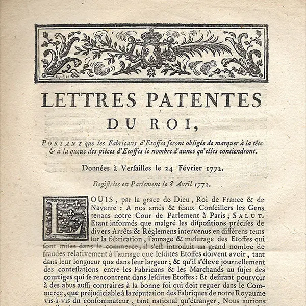 Lettres Patentes Du Roi Relatives À La Mention De La Taille Des Étoffes (1772) 2