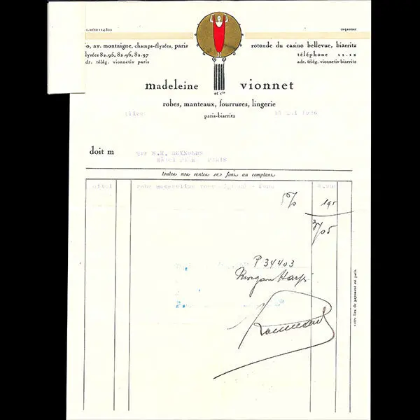 Vionnet - Facture, 50 Avenue Montaigne À Paris (15 Mai 1926) 1