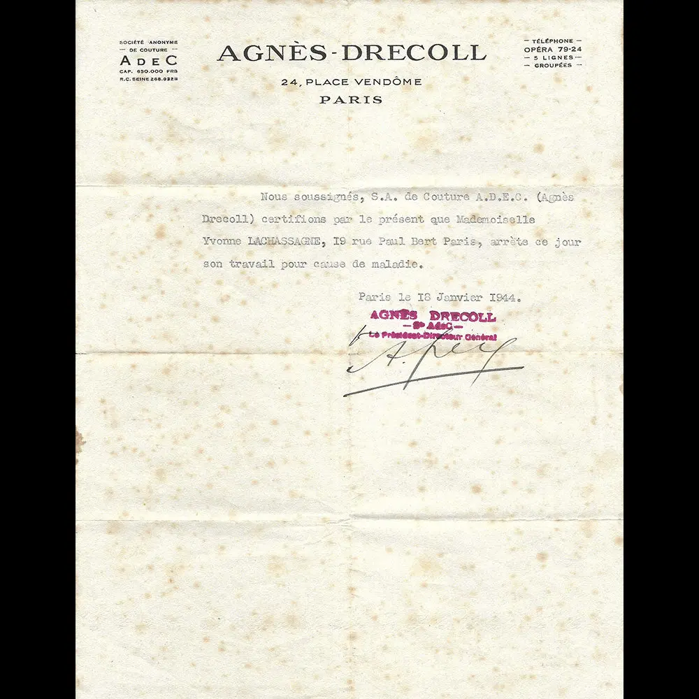 Agnès Drecoll - Certificat De Travail D'une Employée (1944) 1