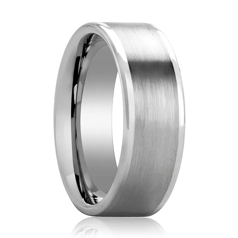 Aires | Silver Tungsten Ring, Brushed Finish Center, Flat 1