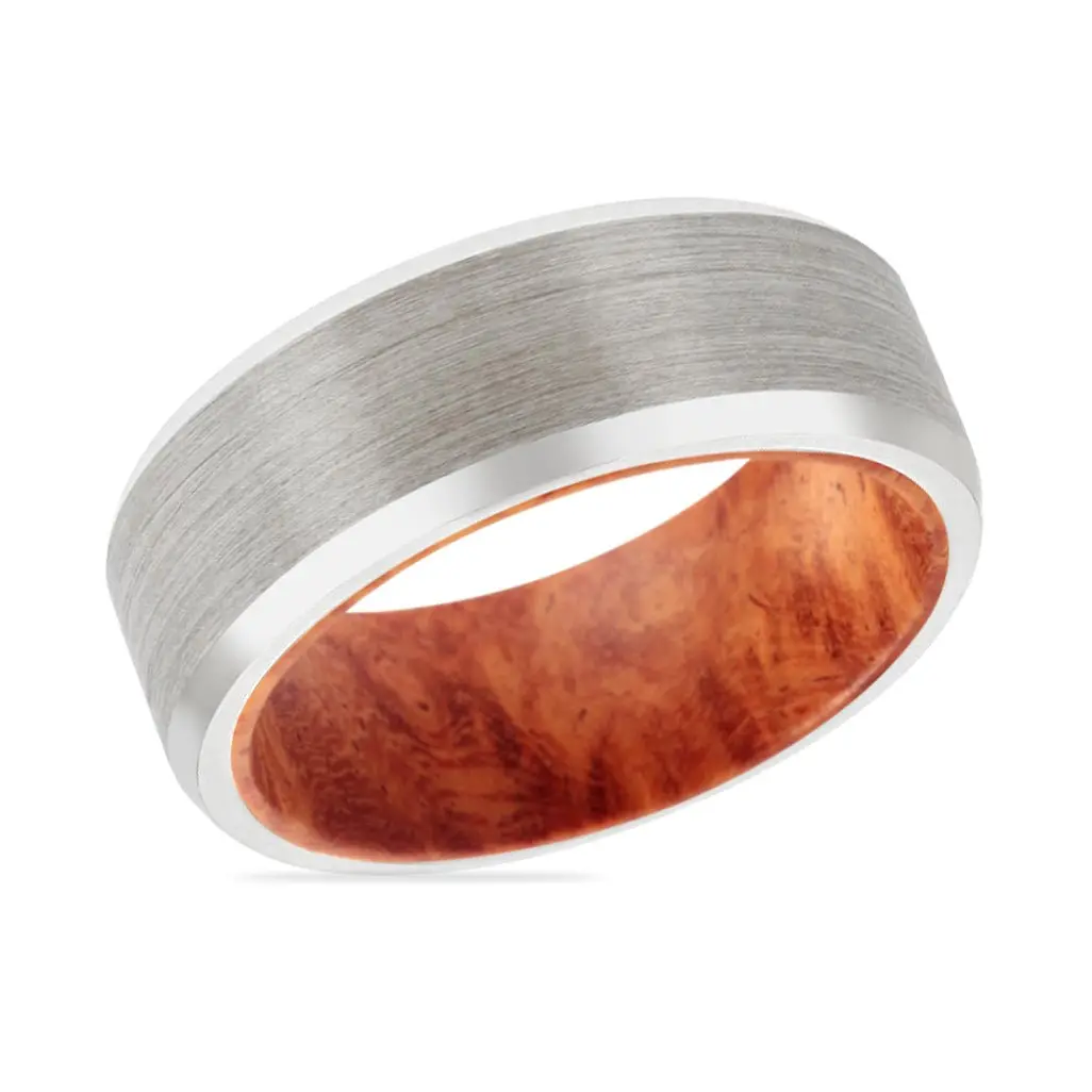 Akako | Red Burl Wood, Silver Tungsten Ring, Brushed, Beveled 3