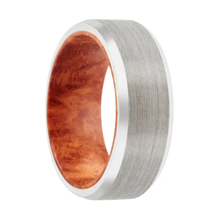 Akako | Red Burl Wood, Silver Tungsten Ring, Brushed, Beveled 1