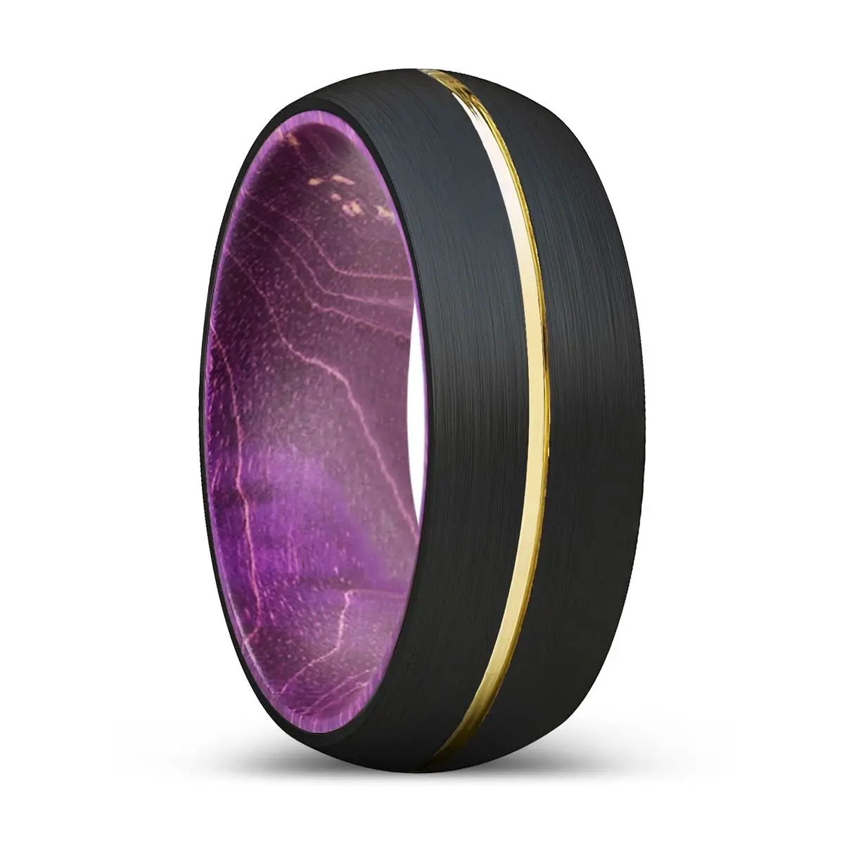 Akrabo | Purple Wood, Black Tungsten Ring, Gold Groove, Domed 1