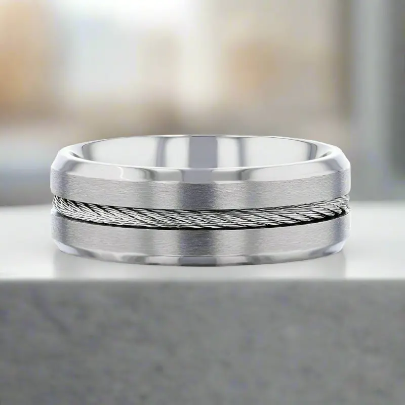 Albert | Silver Titanium Ring, Steel Cable Inlay, Beveled 5