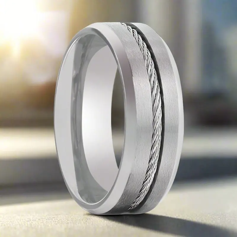 Albert | Silver Titanium Ring, Steel Cable Inlay, Beveled 4