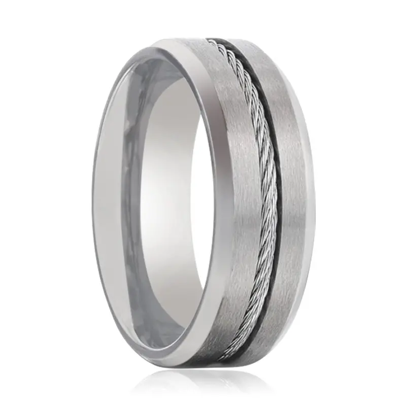Albert | Silver Titanium Ring, Steel Cable Inlay, Beveled 1