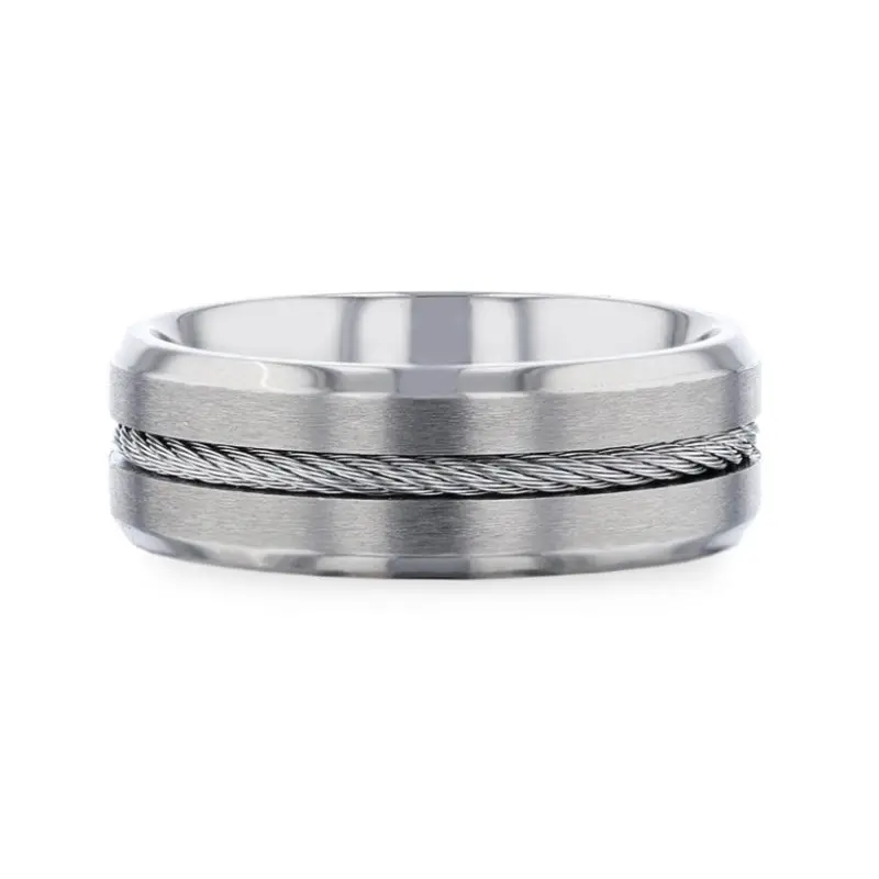 Albert | Silver Titanium Ring, Steel Cable Inlay, Beveled 2
