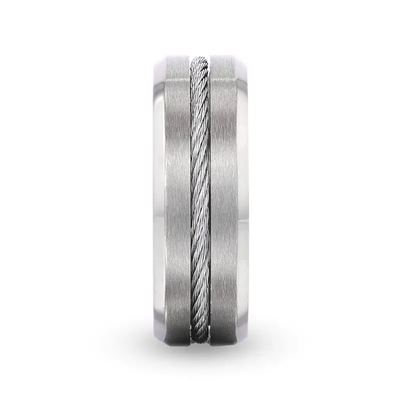 Albert | Silver Titanium Ring, Steel Cable Inlay, Beveled 3