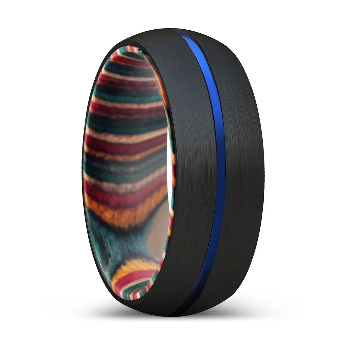Alby | Multi Color Wood, Black Tungsten Ring, Blue Groove, Domed 1