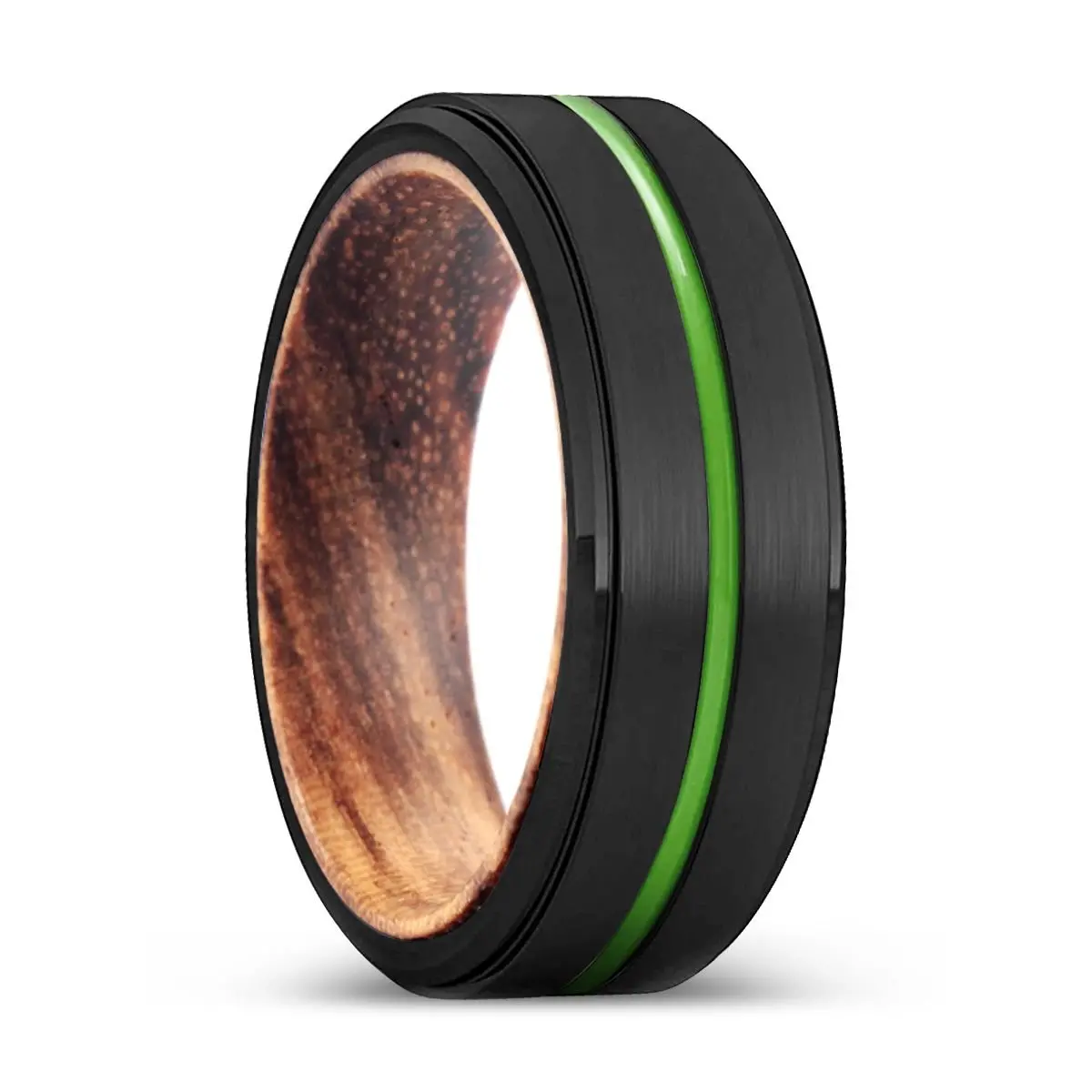 Alexandria | Zebra Wood, Black Tungsten Ring, Green Groove, Stepped Edge 1