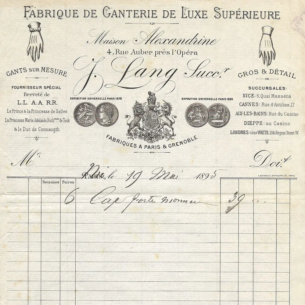 Lang - Facture De La Fabrique De Gants De Peaux, Maison Alexandrine, 4 Rue Auber À Paris (1895) 2