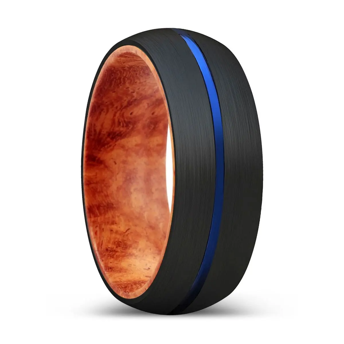 Alfred | Red Burl Wood, Black Tungsten Ring, Blue Groove, Domed 1