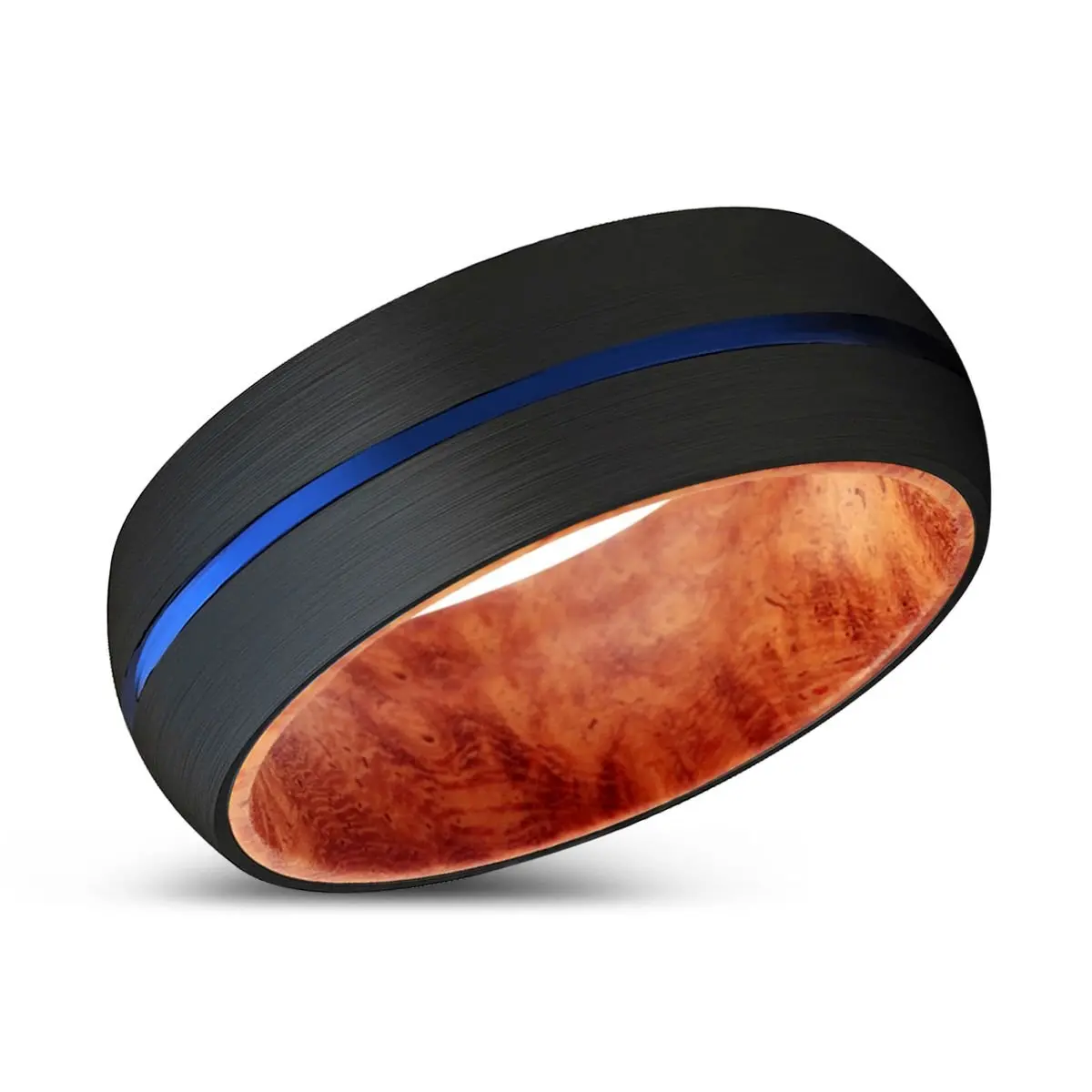 Alfred | Red Burl Wood, Black Tungsten Ring, Blue Groove, Domed 3