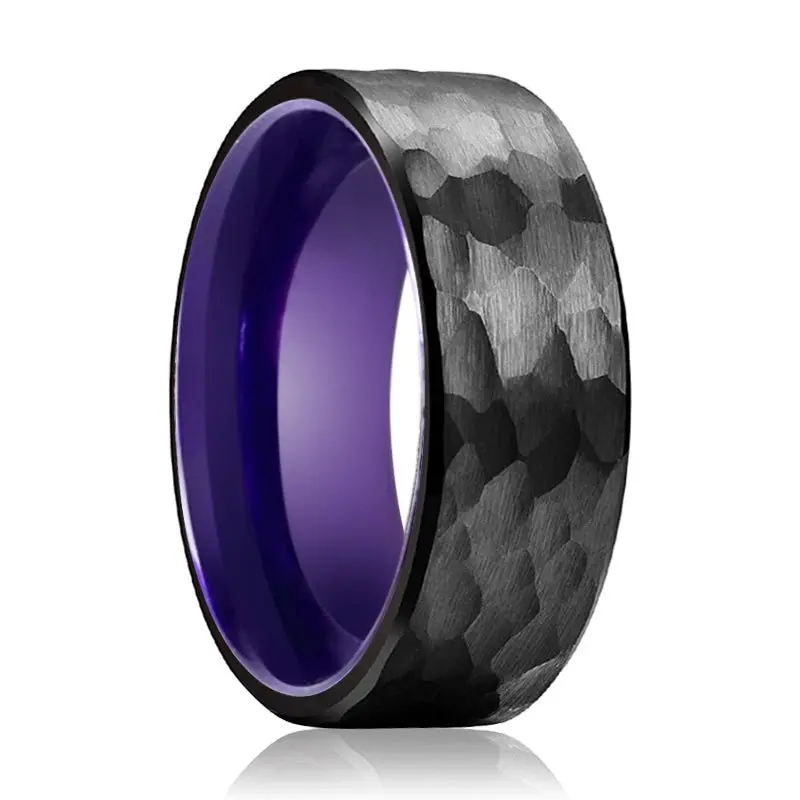 Allium | Purple Ring, Black Tungsten Ring, Hammered, Flat 1