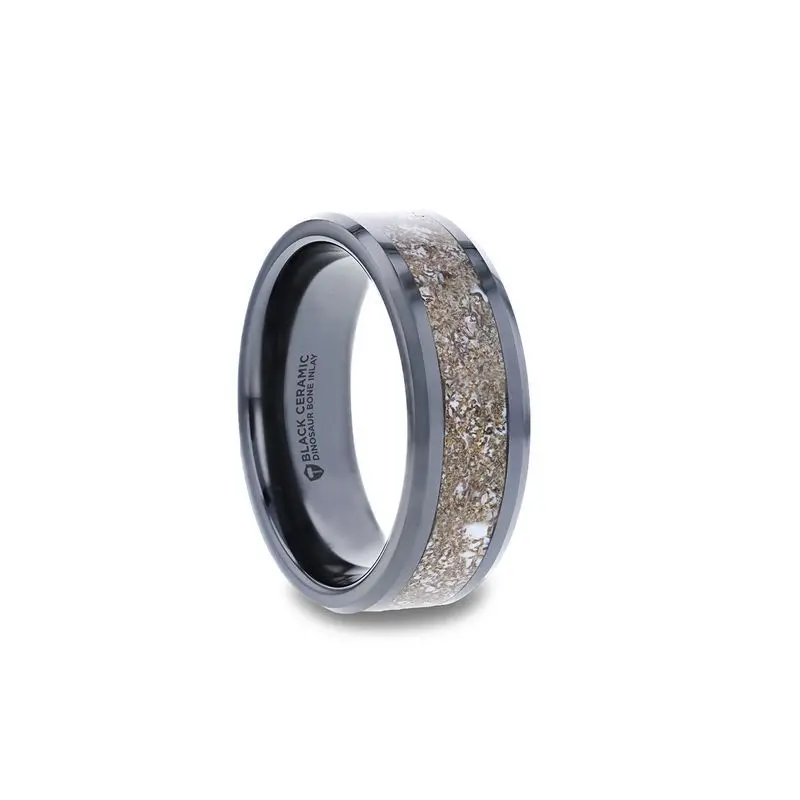 Allosaurus | Black Ceramic Ring, White Dinosaur Bone Inlay, Beveled 1