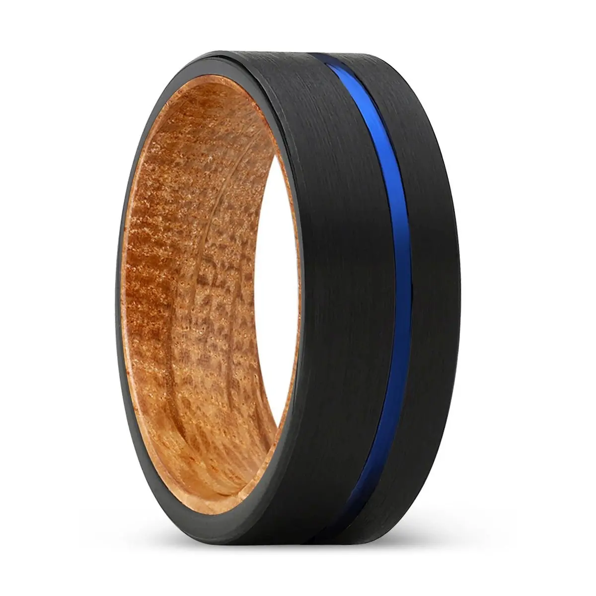 Alpha | Whiskey Barrel Wood, Black Tungsten Ring, Blue Offset Groove, Flat 1