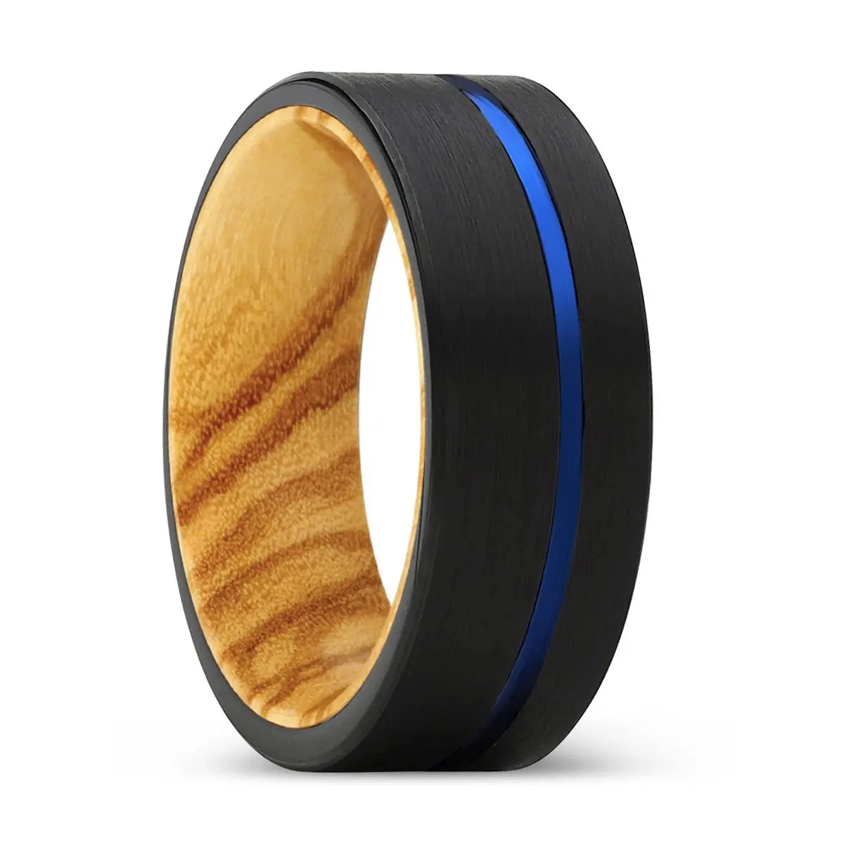 Alpine | Olive Wood, Black Tungsten Ring, Blue Offset Groove, Flat 1