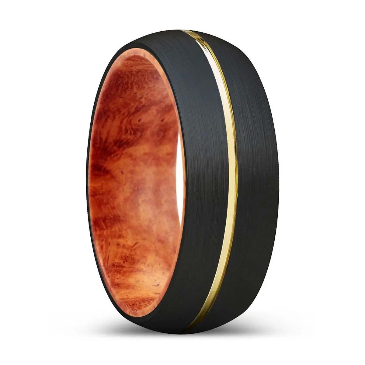 Alsos | Red Burl Wood, Black Tungsten Ring, Gold Groove, Domed 1