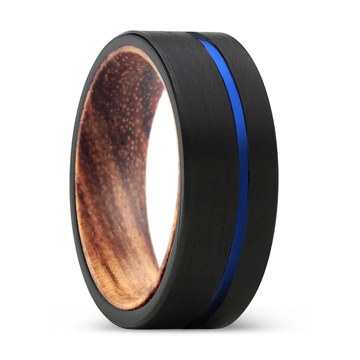 Alvaro | Zebra Wood Ring, Black Tungsten Ring, Blue Offset Groove, Flat 1