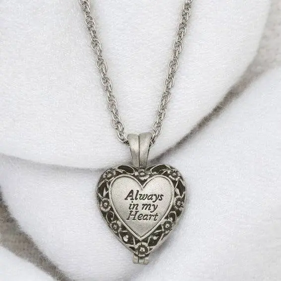Always In My Heart" Silver-Tone Antiqued Heart Locket Memorial With Brass Ash Holder - 24-Inch Necklace With Message Card 1