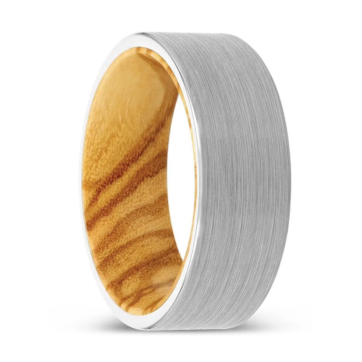Amani | Olive Wood, White Tungsten Ring, Brushed, Flat 1