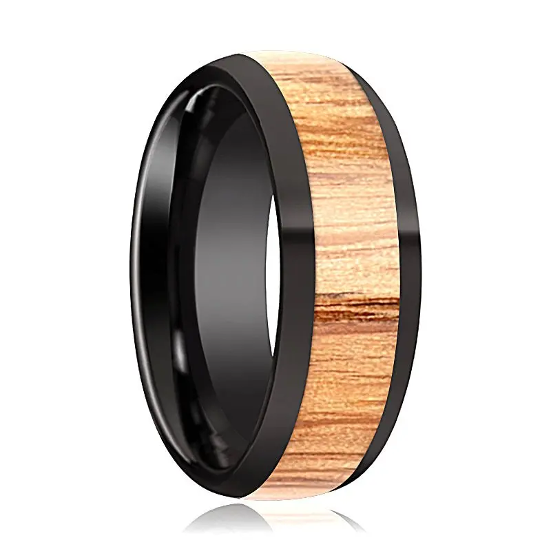 Ambrose | Black Ceramic Ring, Red Oak Wood Inlay, Domed 1