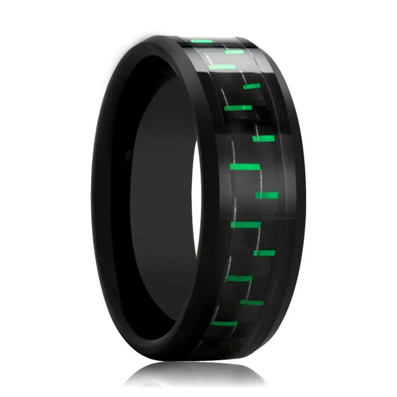 Amell | Black Ceramic Ring, Black And Green Carbon Fiber Inlay, Beveled 1