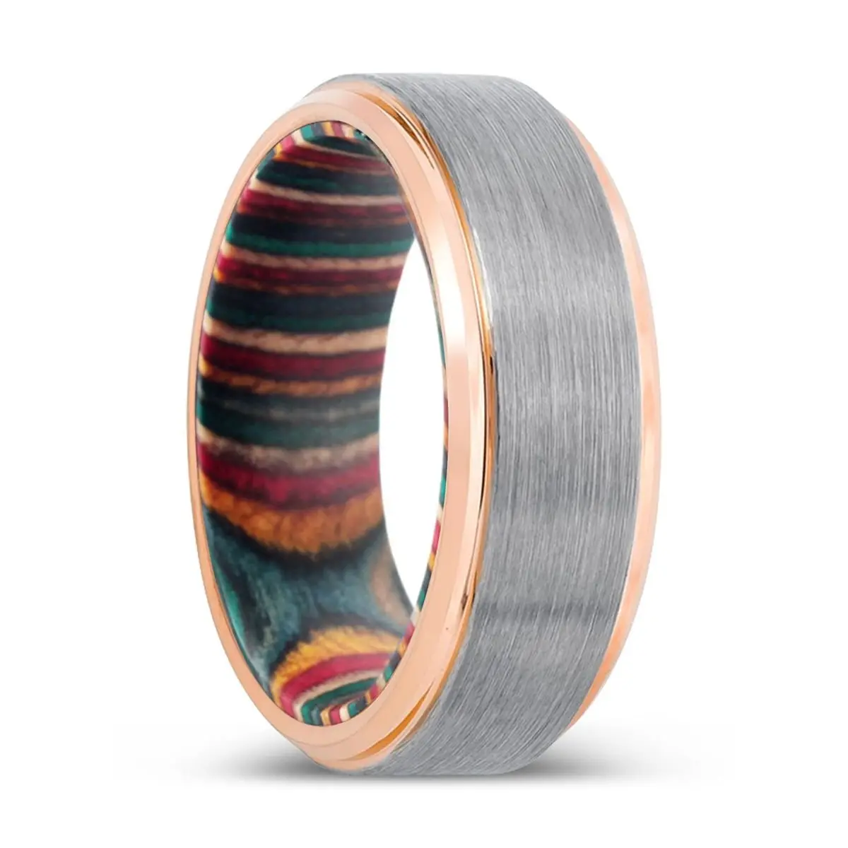 Amida | Multi Color Box Wood, Silver Tungsten Ring, Brushed, Rose Gold Stepped Edge 1