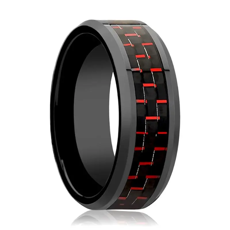Amory | Black Ceramic Ring, Black & Red Carbon Fiber Inlay, Beveled 1