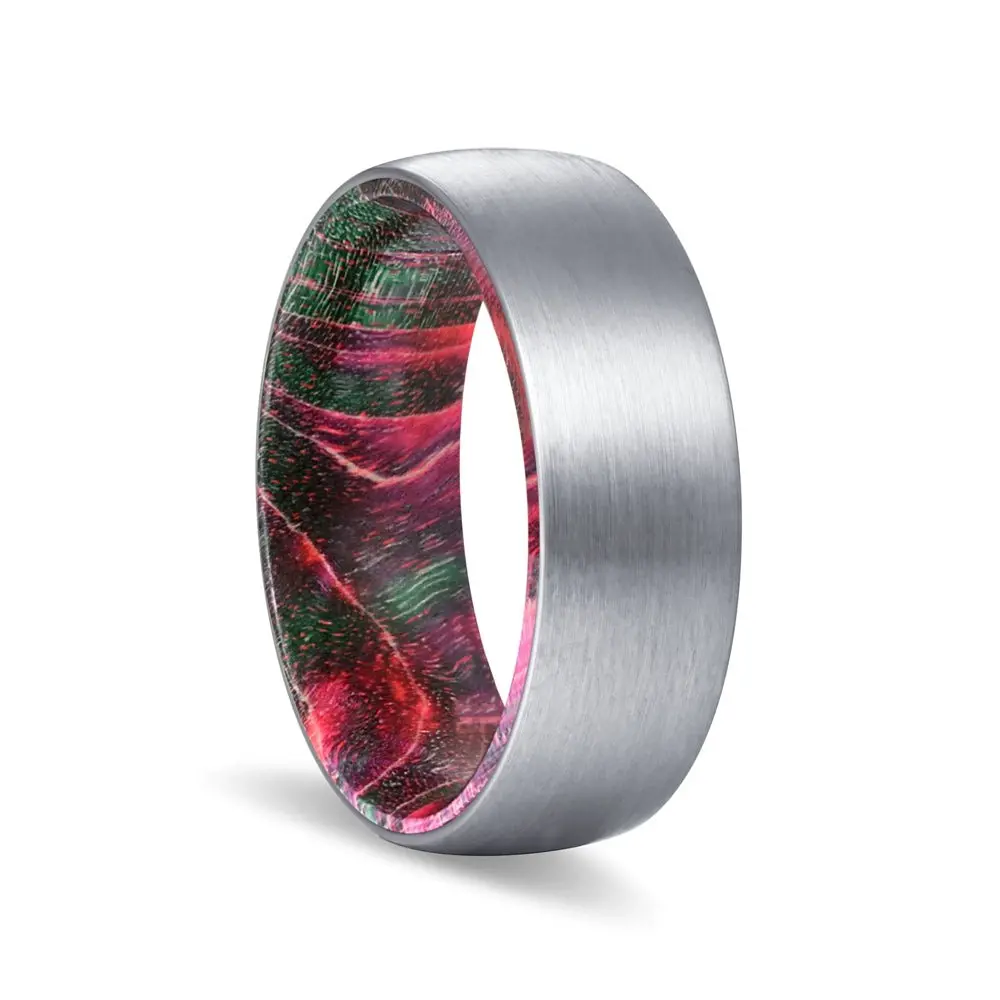 Amsbaugh | Green And Red Wood, Silver Tungsten Ring, Brushed, Domed 1