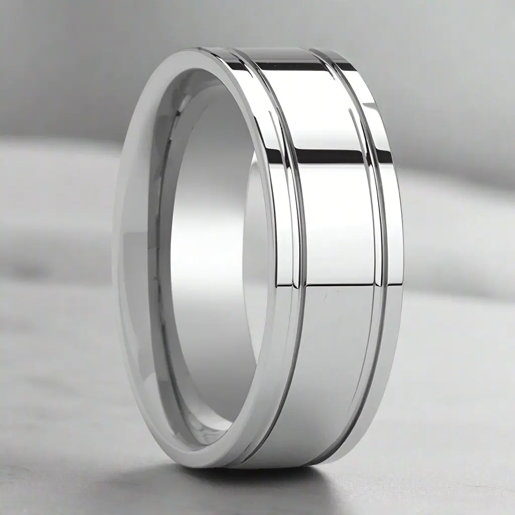 Anchorage | Silver Tungsten Ring, Shiny Dual Grooves, Flat 1