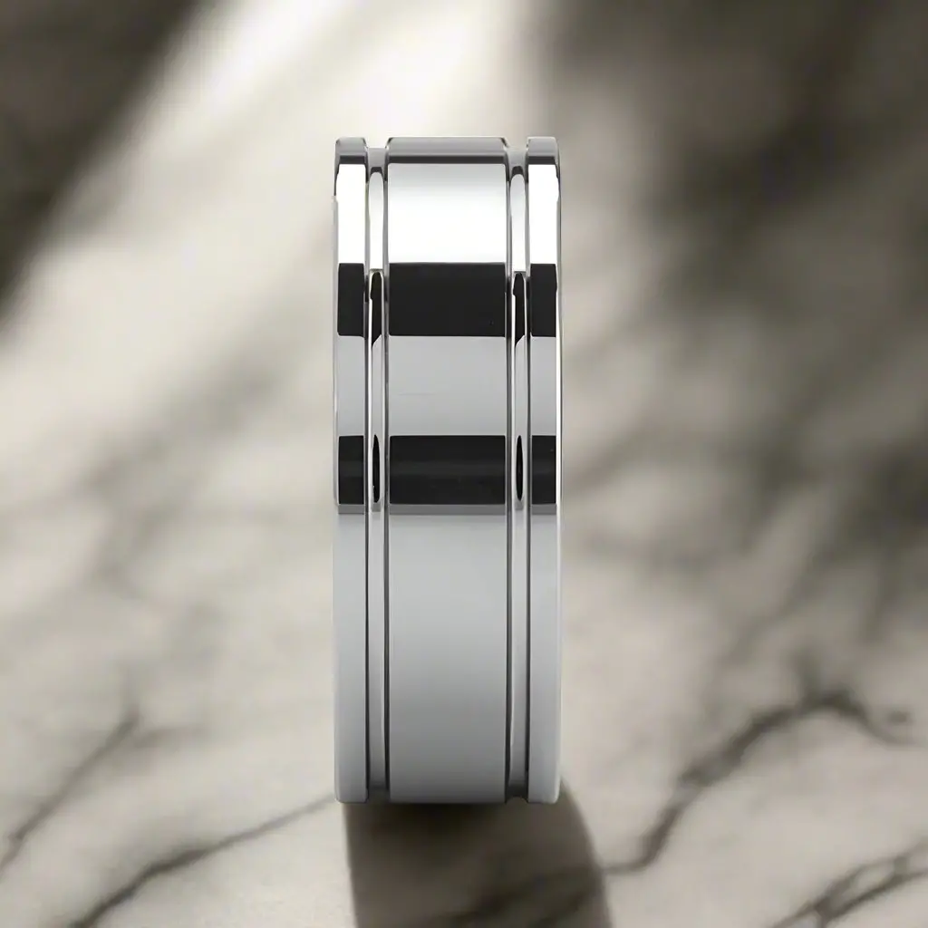 Anchorage | Silver Tungsten Ring, Shiny Dual Grooves, Flat 2