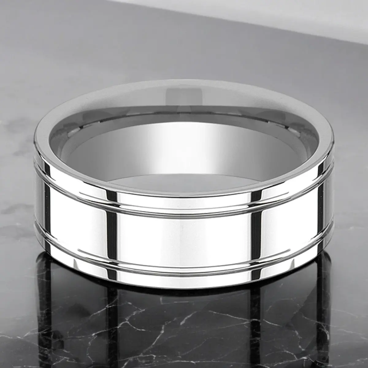 Anchorage | Silver Tungsten Ring, Shiny Dual Grooves, Flat 3