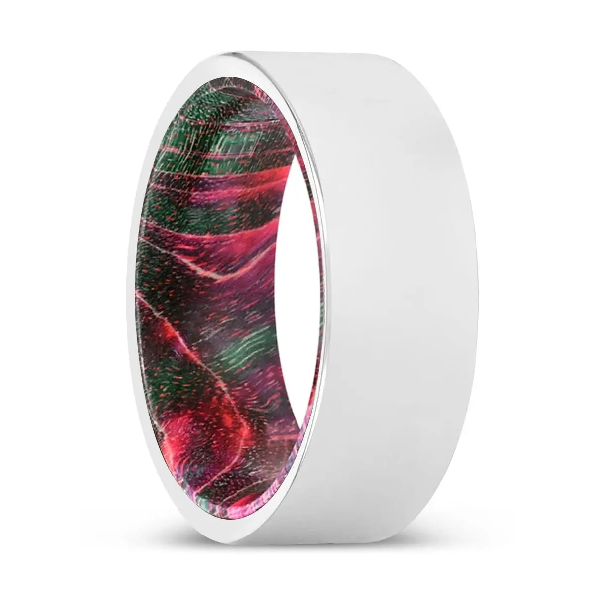 Andrade | Green & Red Wood, Silver Tungsten Ring, Shiny, Flat 1