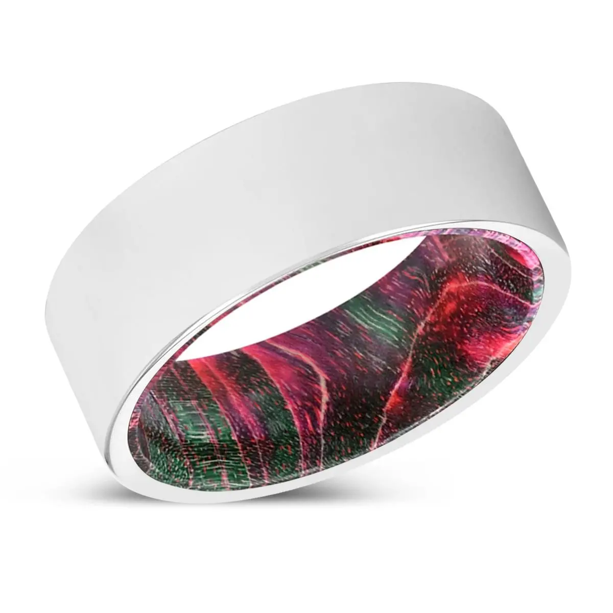 Andrade | Green & Red Wood, Silver Tungsten Ring, Shiny, Flat 2