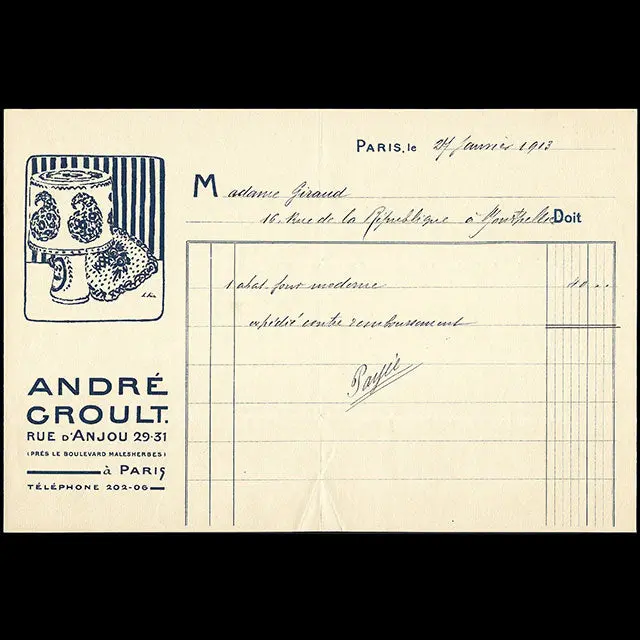 André Groult - Facture Du Décorateur, 29-31 Rue D'anjou À Paris (1913) 1
