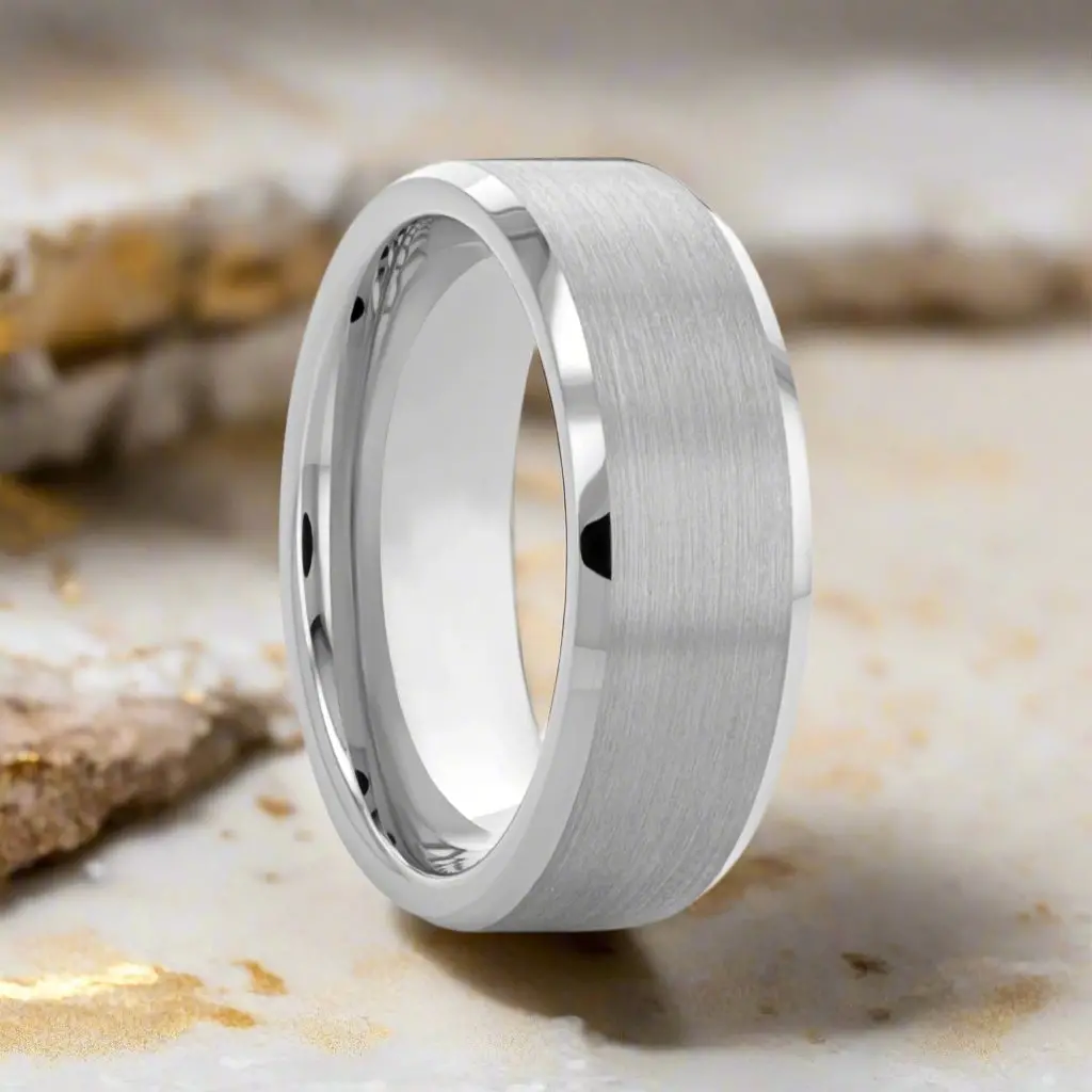 Andrew | Silver Tungsten Ring, Brushed, Beveled Edges 1