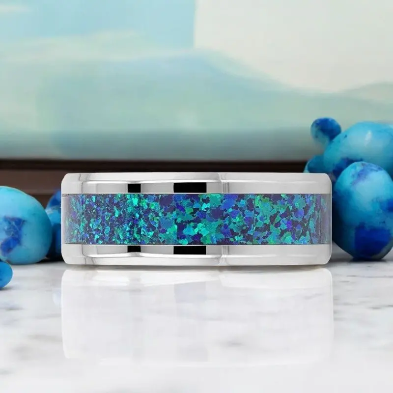 Andromeda | Silver Titanium Ring, Green Blue Opal Inlay, Beveled 3