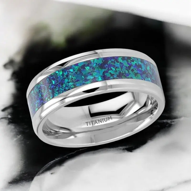 Andromeda | Silver Titanium Ring, Green Blue Opal Inlay, Beveled 2