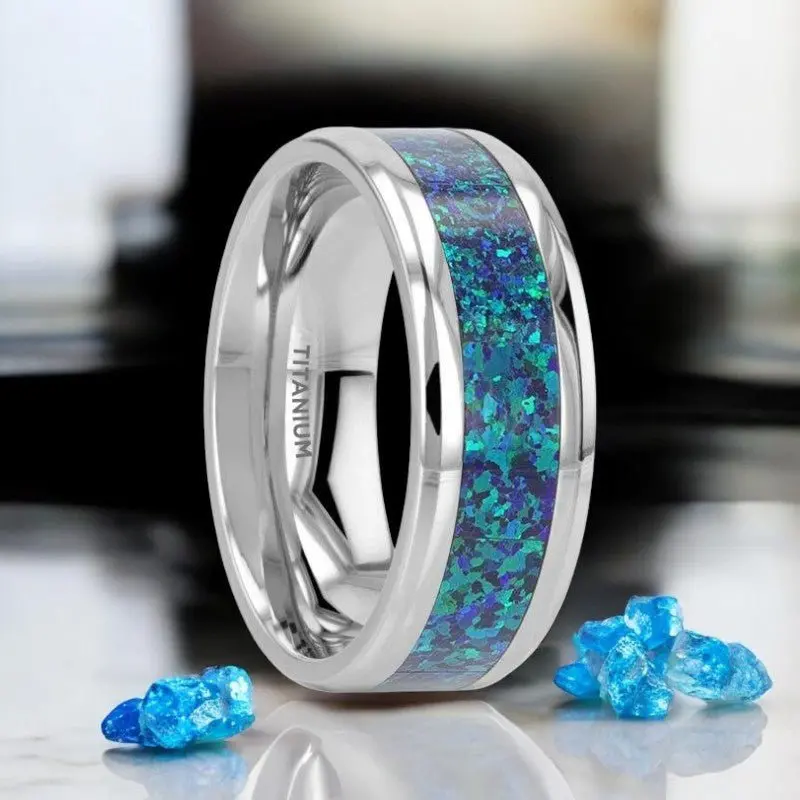 Andromeda | Silver Titanium Ring, Green Blue Opal Inlay, Beveled 1