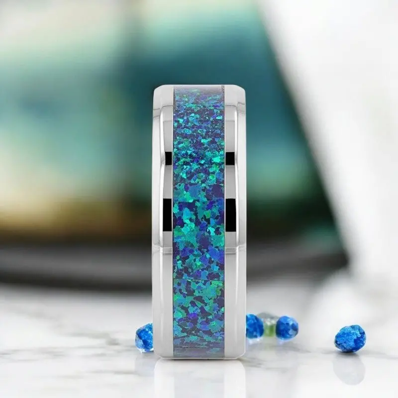Andromeda | Silver Titanium Ring, Green Blue Opal Inlay, Beveled 4