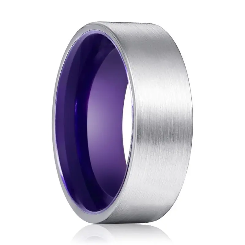 Anemone | Purple Ring, Silver Tungsten Ring, Brushed, Flat 1