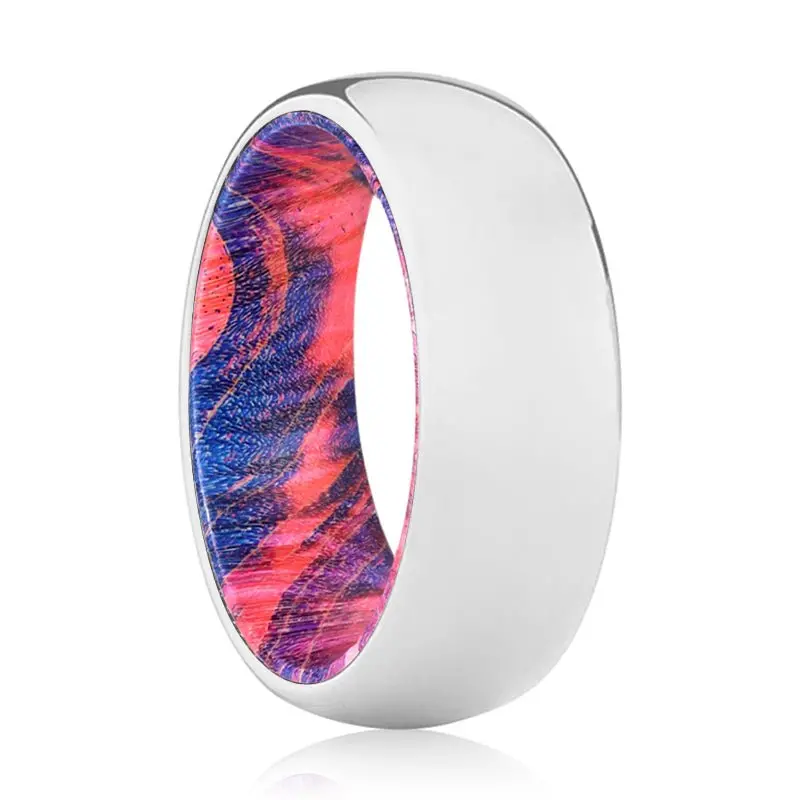 Angelic | Blue & Red Wood, Silver Tungsten Ring, Shiny, Domed 1