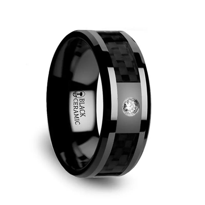 Angus | Black Ceramic Ring, Black Carbon Fiber Inlay, Diamond, Beveled 1