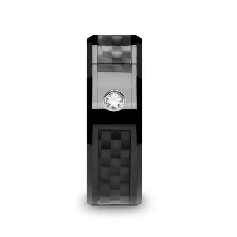 Angus | Black Ceramic Ring, Black Carbon Fiber Inlay, Diamond, Beveled 2