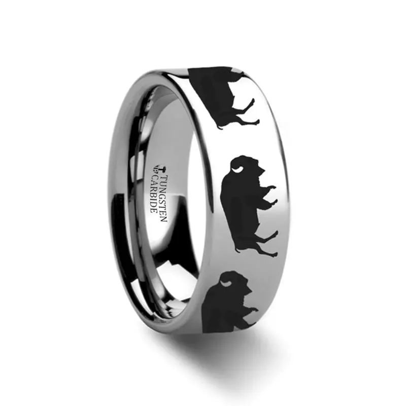 Animal Design Buffalo Print Laser Engraved Flat Polished Tungsten Wedding Band For Men And Women - 4Mm - 12Mm 1