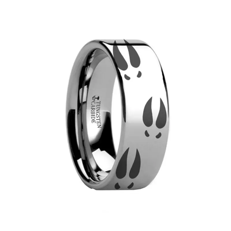 Animal Design Ring - Deer Print - Deer Track -  Laser Engraved - Flat Tungsten Ring - 4Mm - 6Mm - 8Mm - 10Mm - 12Mm 1