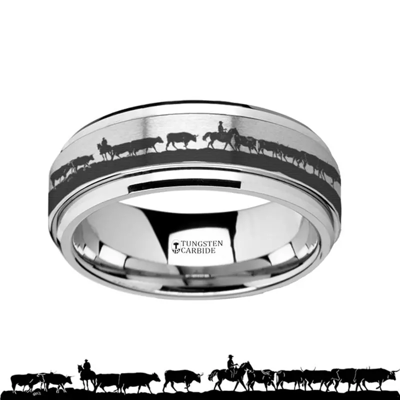 Animal Landscape Herding Cattle Scene Laser Engraved Spinner Tungsten Ring 1