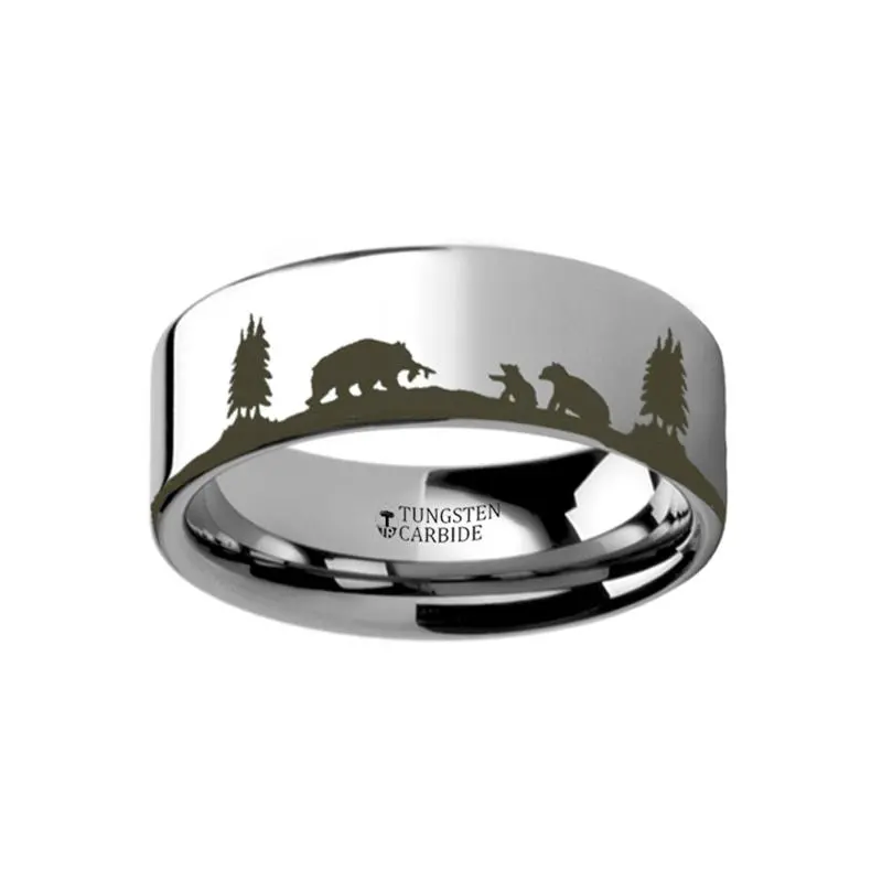 Animal Landscape Scene Bears - Bear Cubs Ring Laser Engraved Flat Couple Matching Band 1