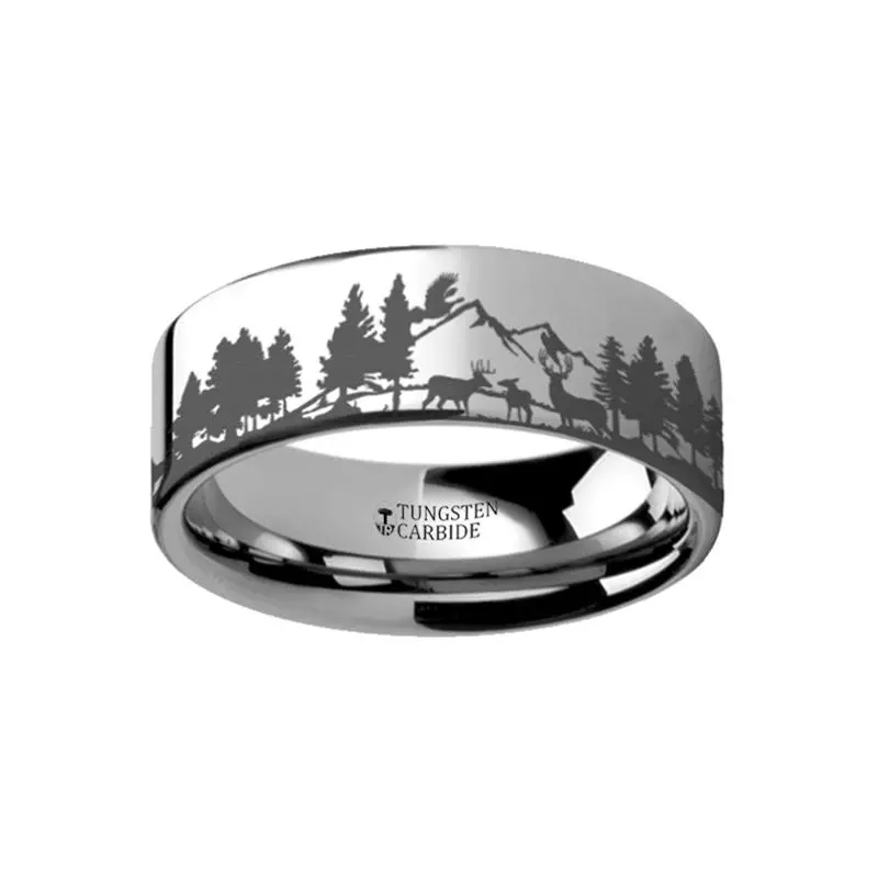 Animal Landscape Scene Reindeer Deer Stag Mountain Range Ring Engraved Flat Tungsten Ring - 4Mm - 12Mm 1